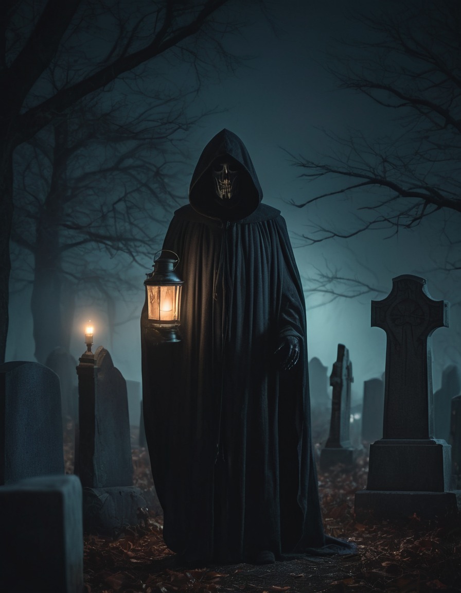 graveyard, spooky, cloaked figure, lantern, mysterious, gothic, underground, dark