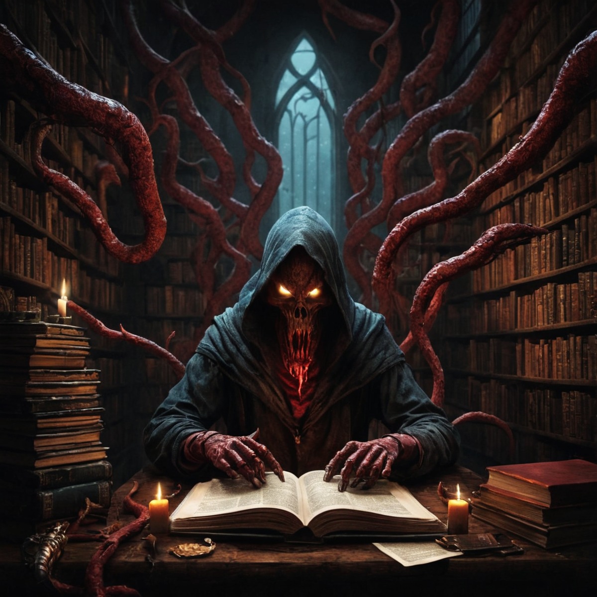 digitalart, magic, horror, lovecraft, books, fantasyart, monster, gothic, bookworm, ai_generated_art