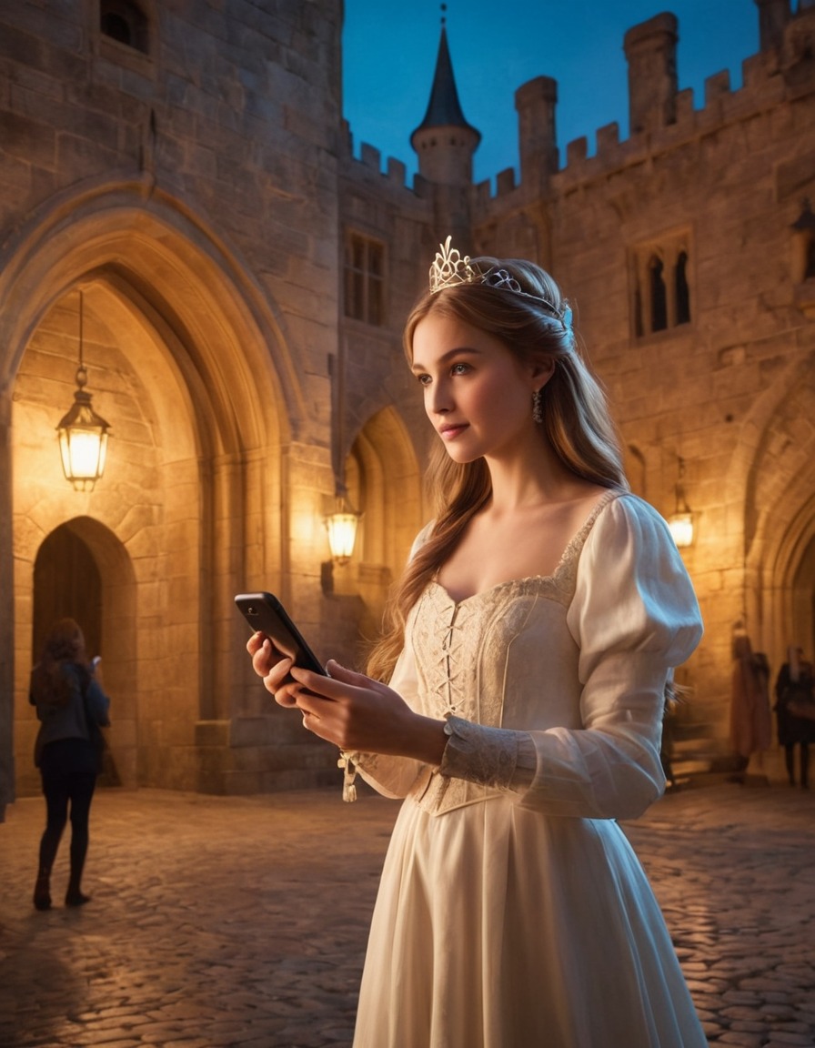 castle, courtyard, fair maiden, smartphone, medieval, art