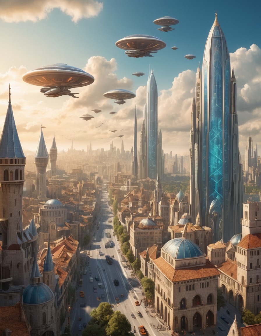 medieval tapestry, futuristic city, skyline, flying cars, skyscrapers, medieval, art