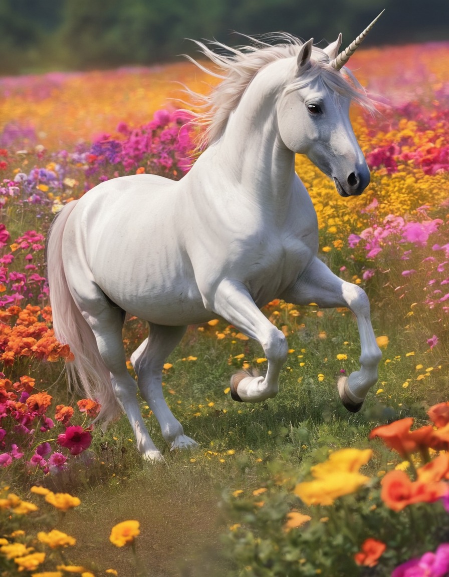 unicorn, prancing, field, colorful flowers, magical