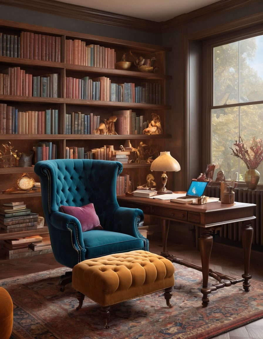 home office, cozy, roll-top desk, velvet armchair, shelves, books, trinkets, home, interior