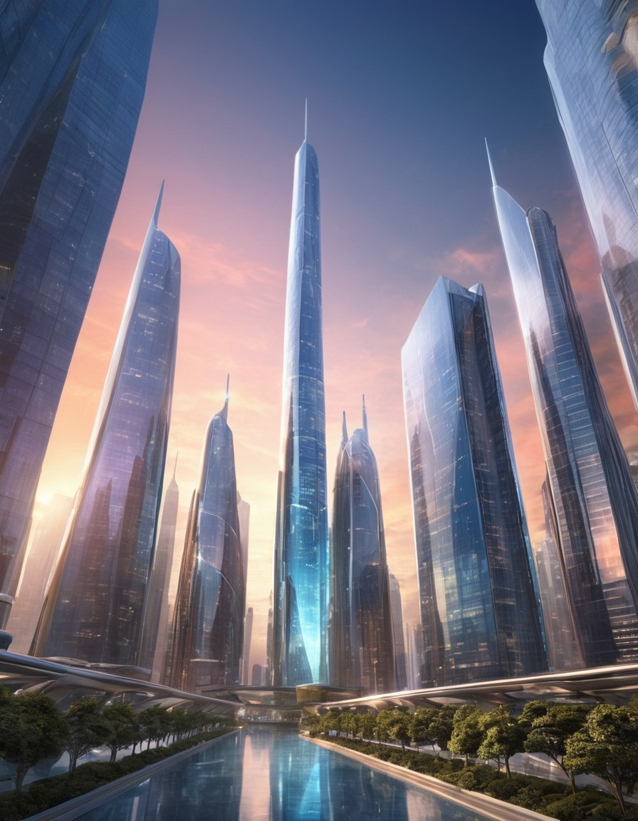 futuristic, cityscape, skyscrapers, glass buildings, architecture