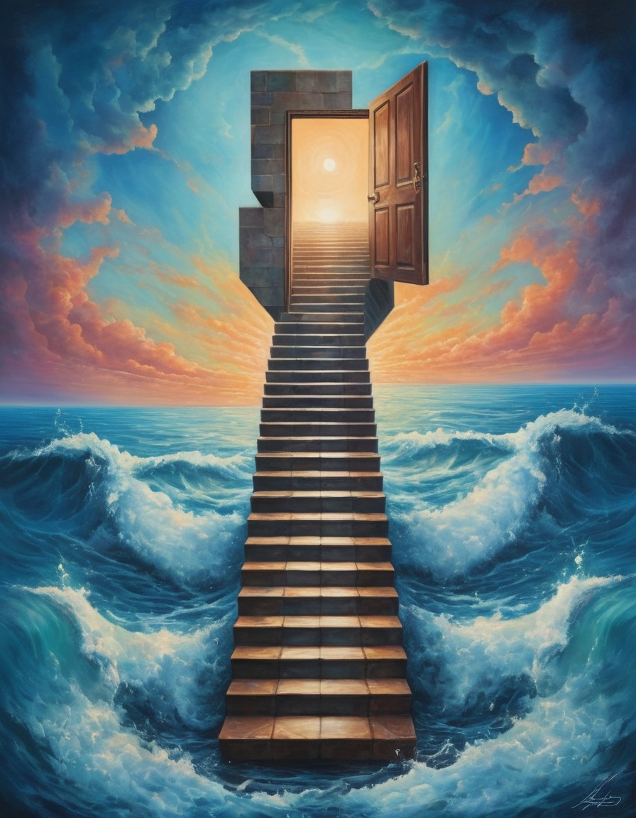 staircase, door, ocean, mysterious, surreal