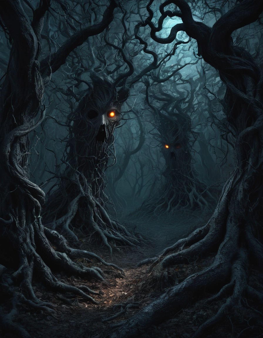 dark, forest, twisted trees, glowing eyes, mystery, gothic, underground