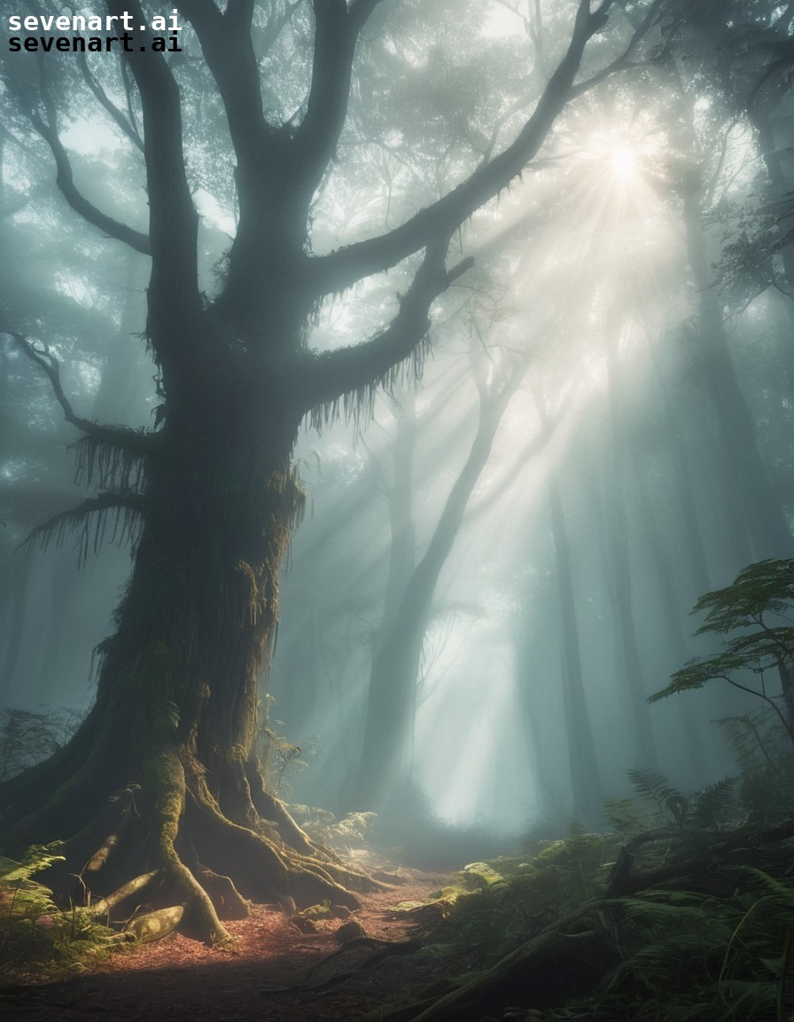 mysterious, ancient, forest, fog, sunlight, nature