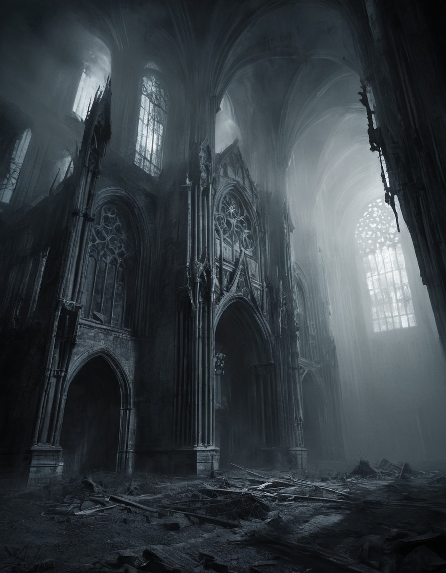 abandoned, cathedral, eerie, mist, shadows, architecture, religious building, gothic, underground, dark