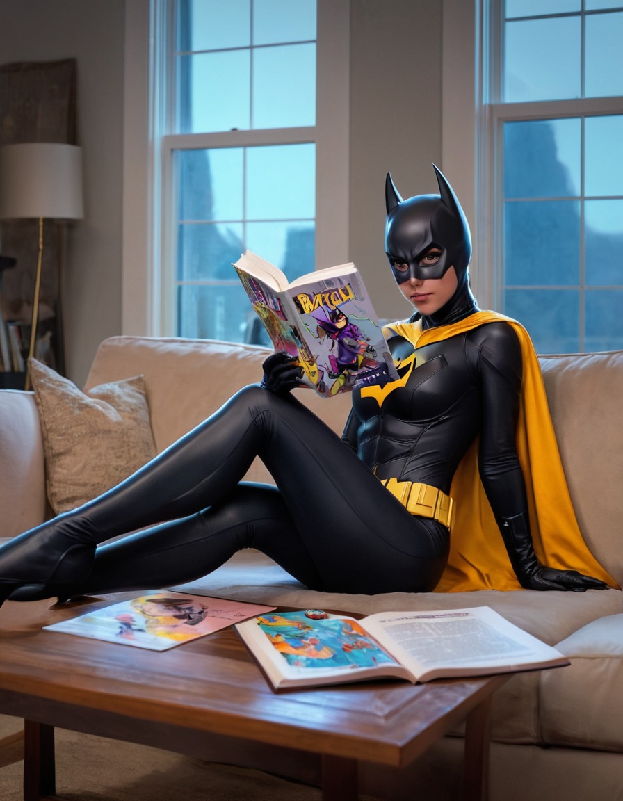 superhero, batgirl, relaxation, reading, home, superheroine, bikini