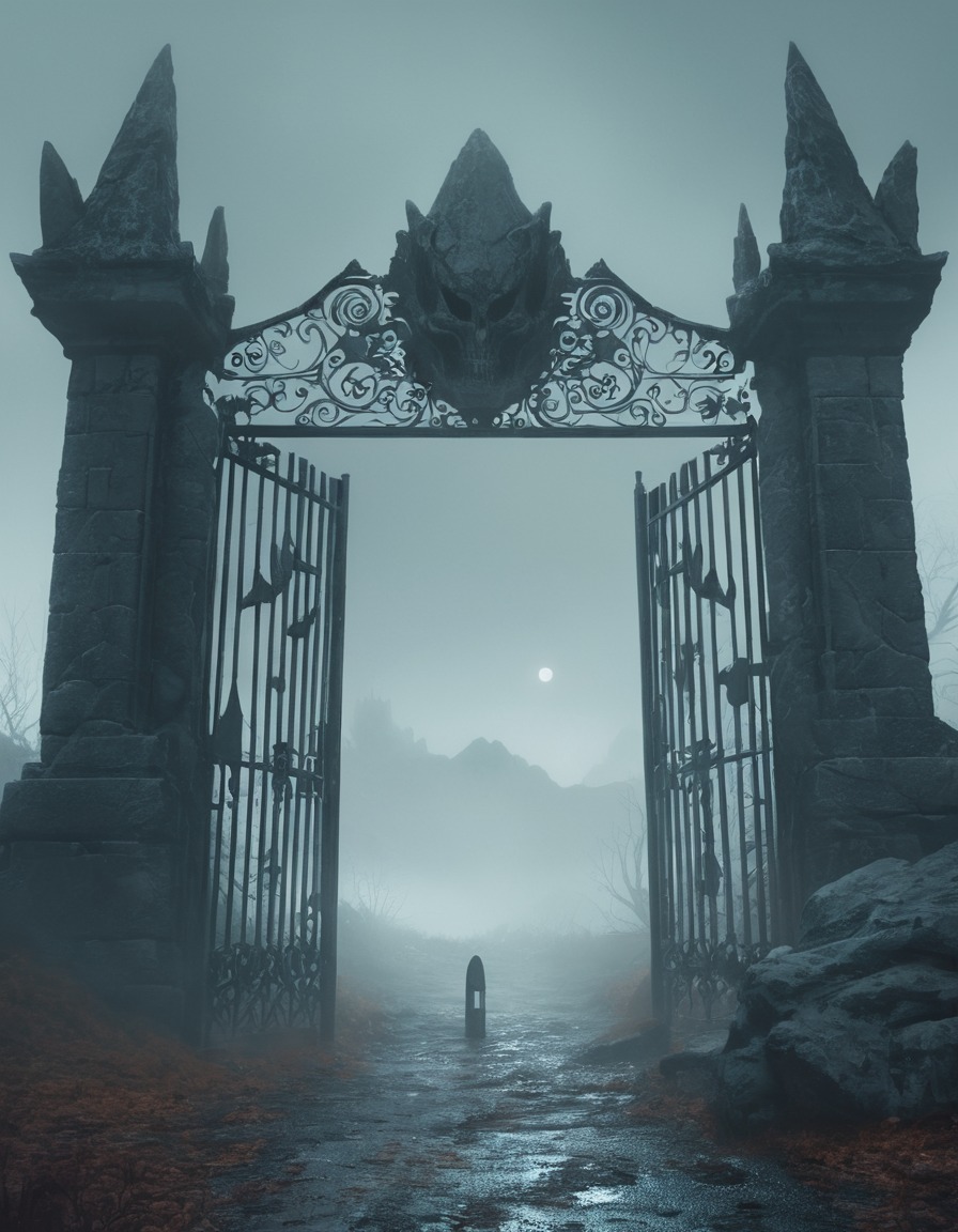 fantasy, otherworldly, gate, fog, stone creatures, lovecraft, howard lovecraft