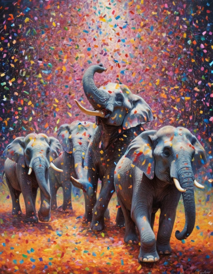 elephants, confetti, rainstorm, celebration, surreal