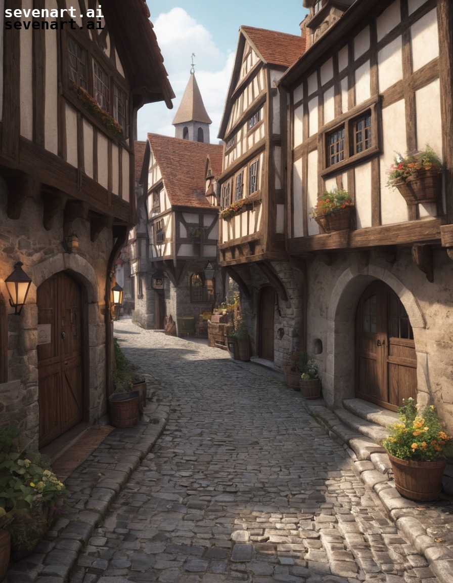 medieval, european, village, cobblestone streets, timber-framed houses