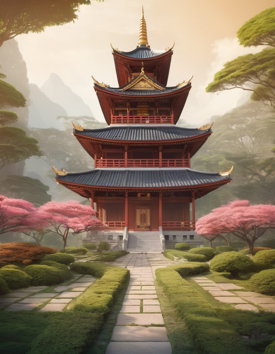 buddhist, temple, serene, garden, peaceful