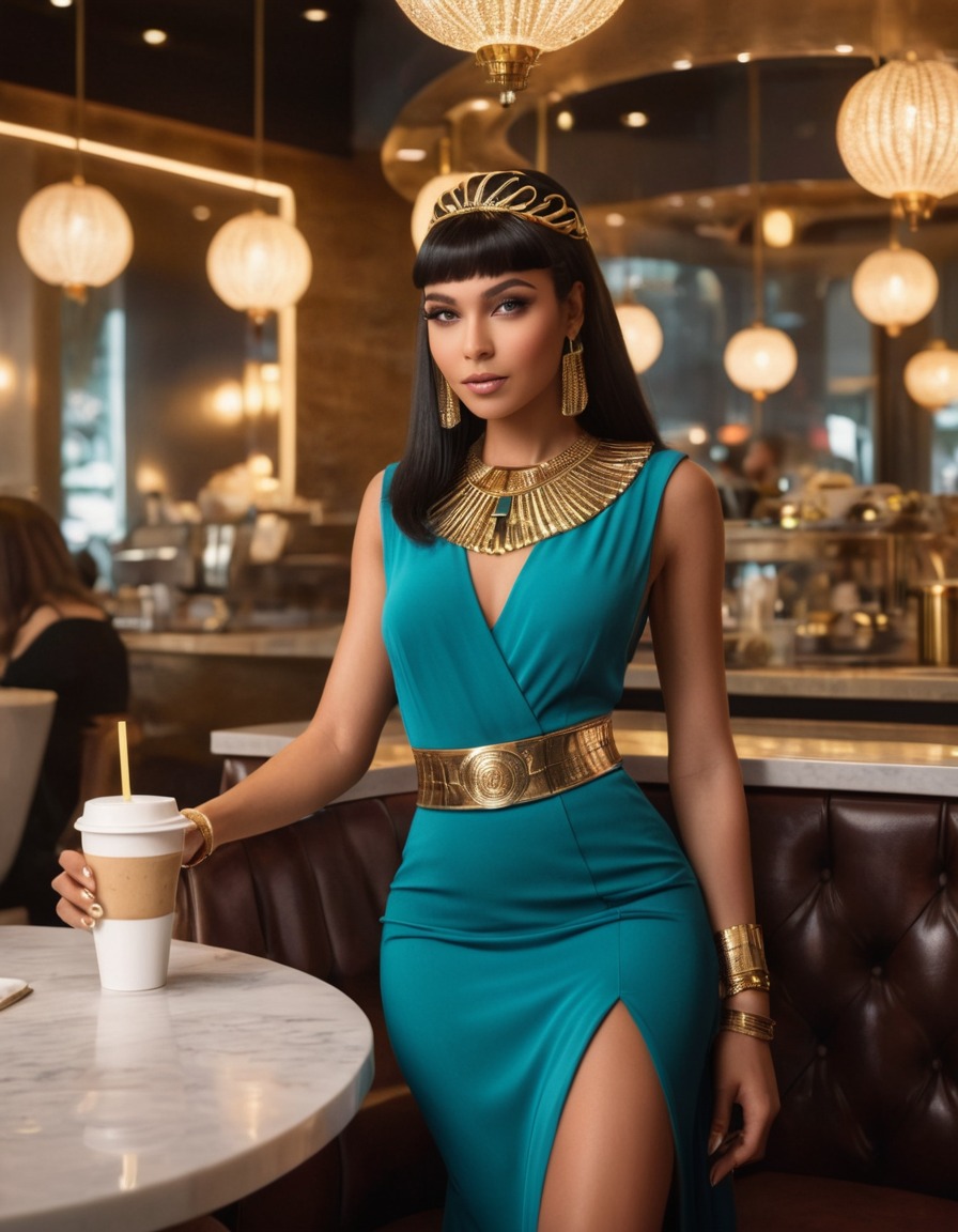 cleopatra, trendy coffee shop, glamorous outfit, historical figure, fashion icon