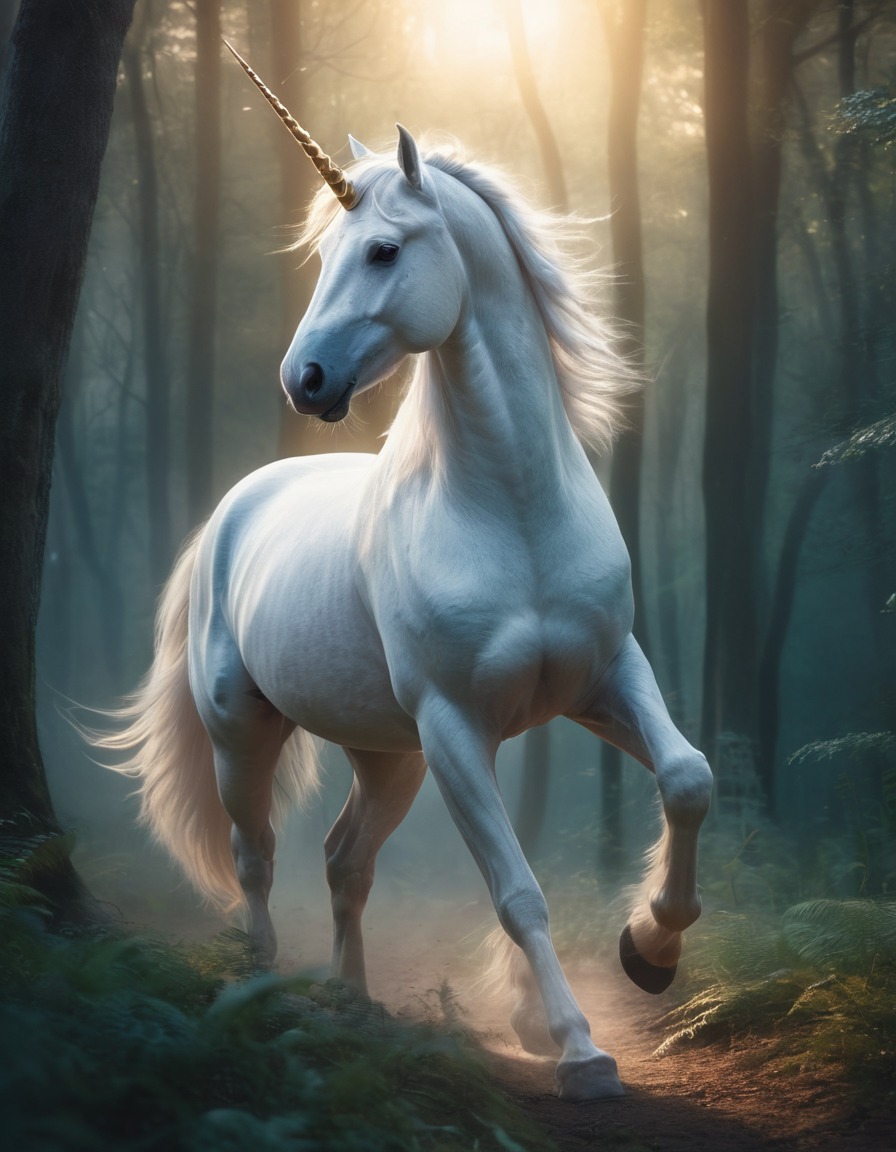 fantasy, unicorn, mystical, forest, dawn