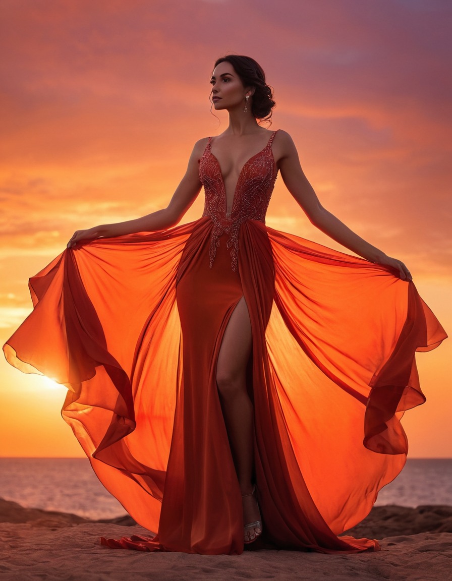 sunset, silhouette, woman, flowing gown, beauty