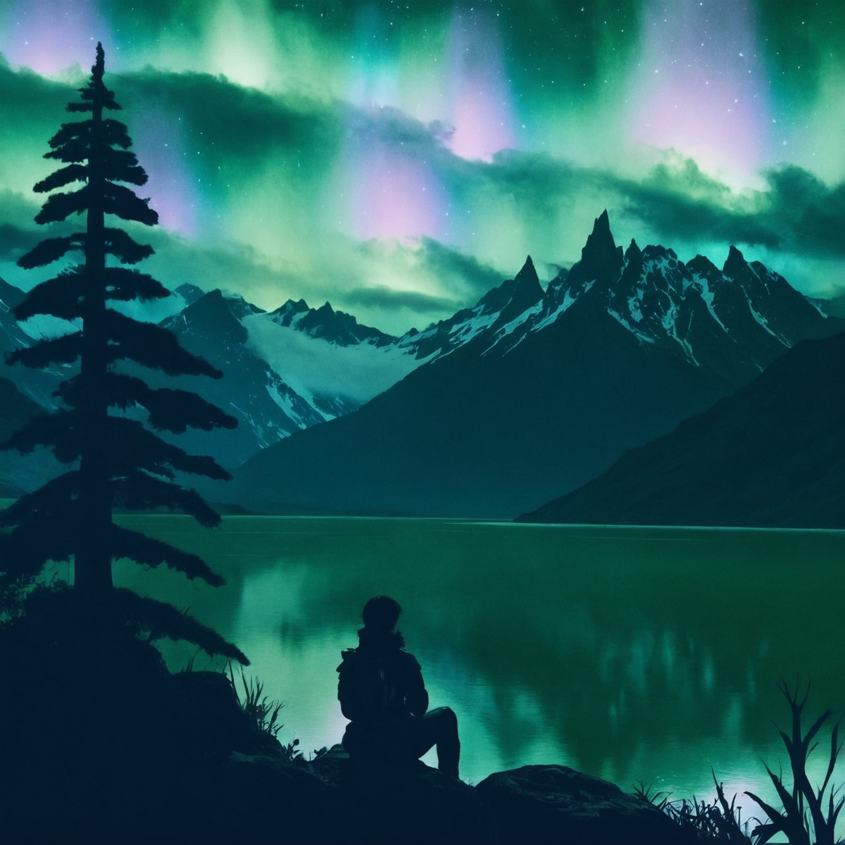 auroraborealis, digitalart, digitalartwork, digitalpainting, landscape, mountainscape, northernlights, scenery, linelessart, linelessstyle, linelessdigital