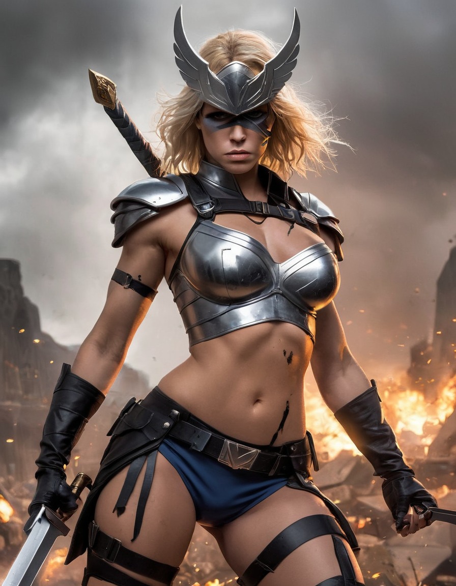 valkyrie, marvel comics, superhero, warrior, battle outfit, sword, torn clothes