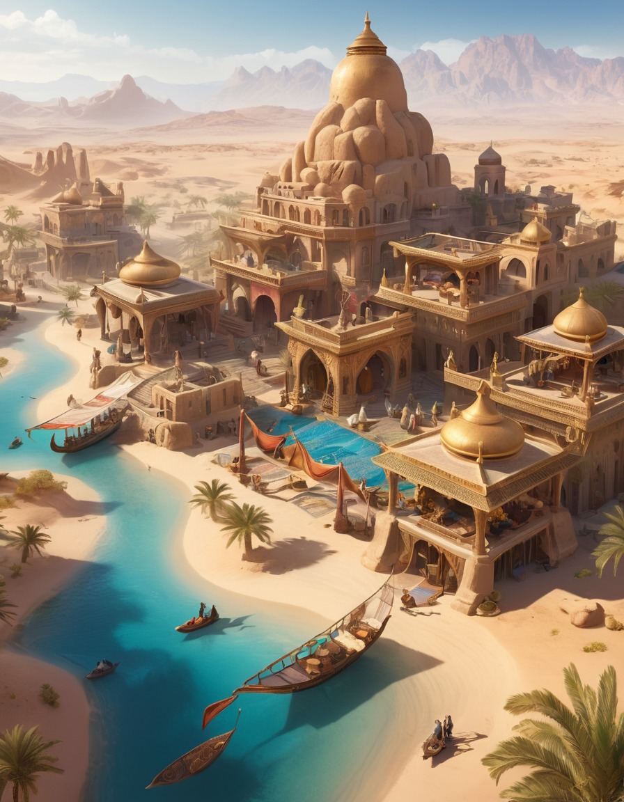 desert, oasis, nomadic genies, silk merchants, flying carpets, fantastic