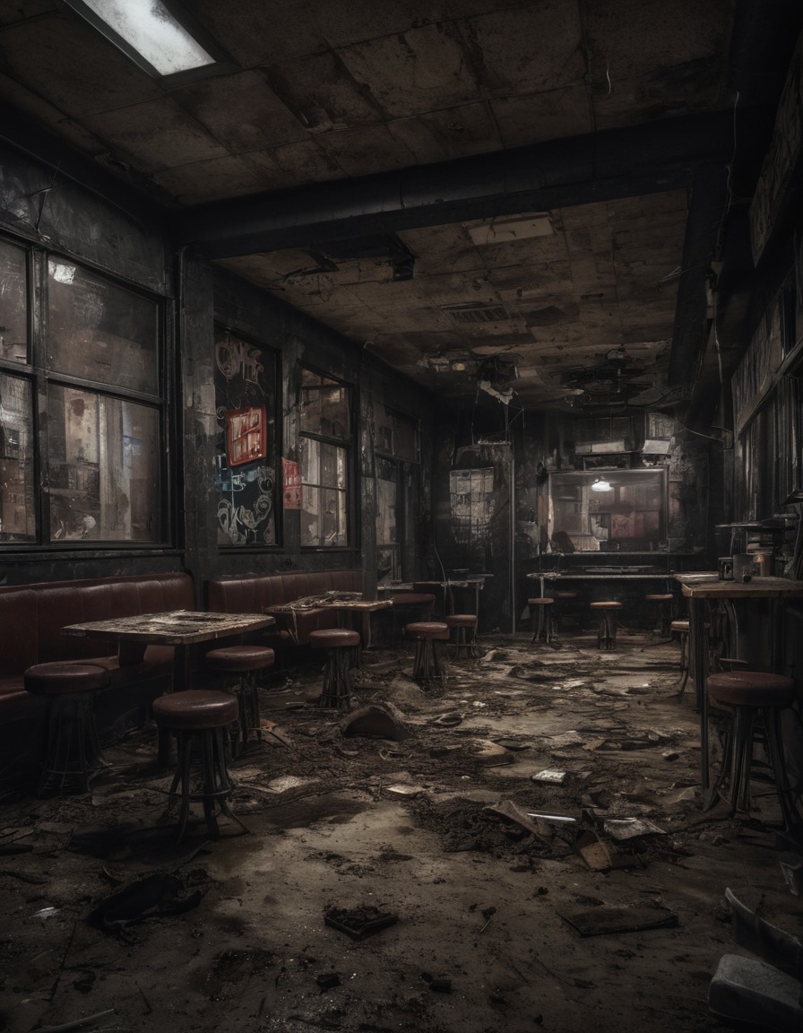 coffee shop, abandoned, urban decay, cityscape, city life