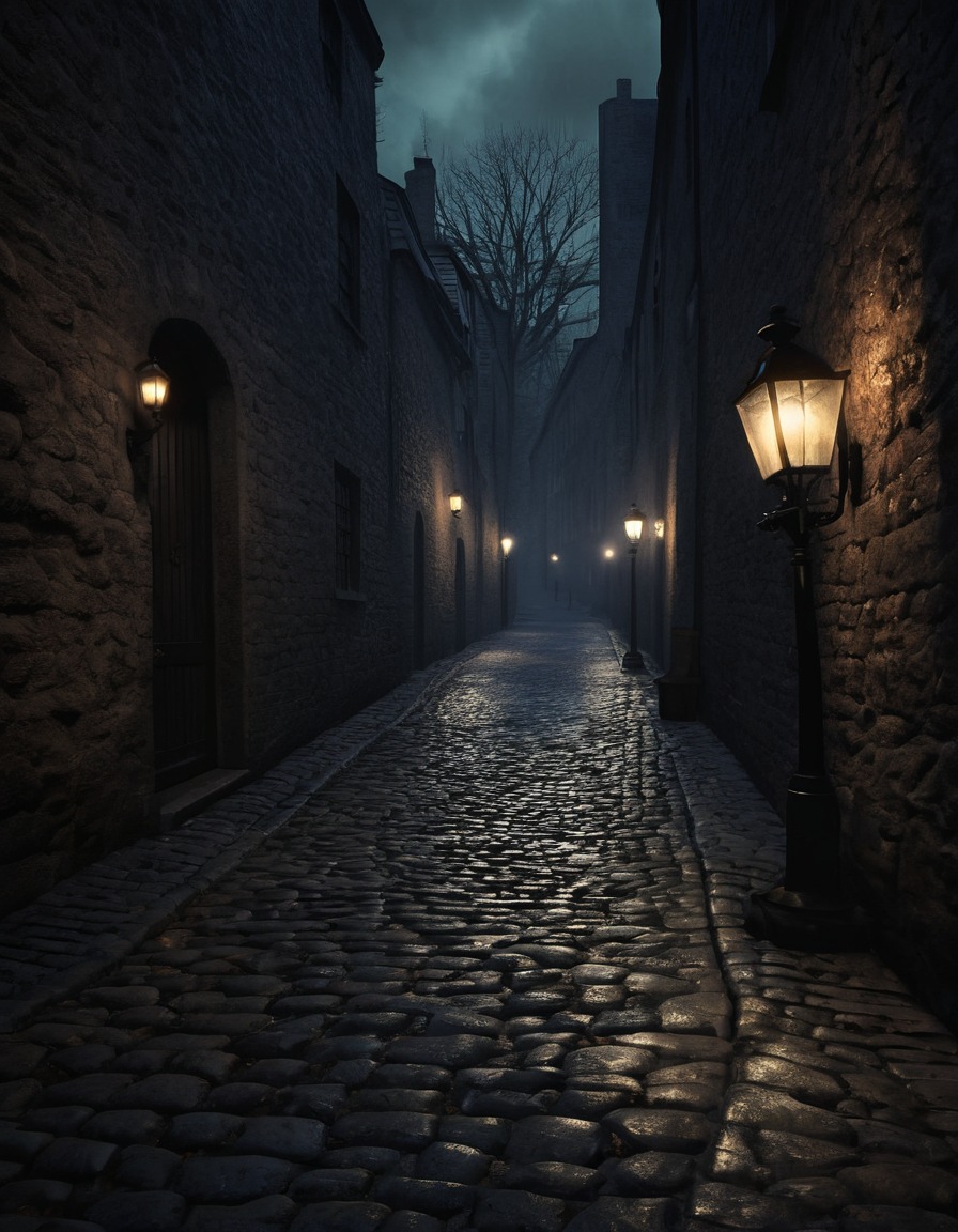 cobblestone street, gas lamps, shadows, eerie, silhouettes, gothic, underground, dark