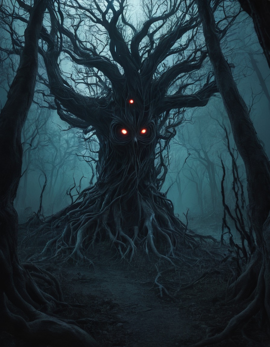 haunted forest, twisted trees, glowing eyes, darkness, gothic, underground, dark