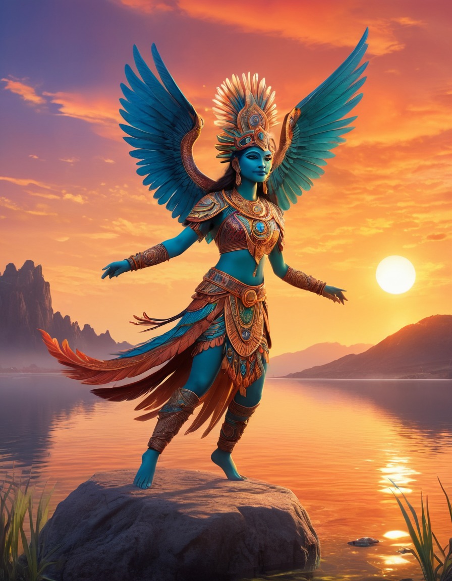 ahuizotl, mythical creature, sunset, lake, vibrant colors, intricate design