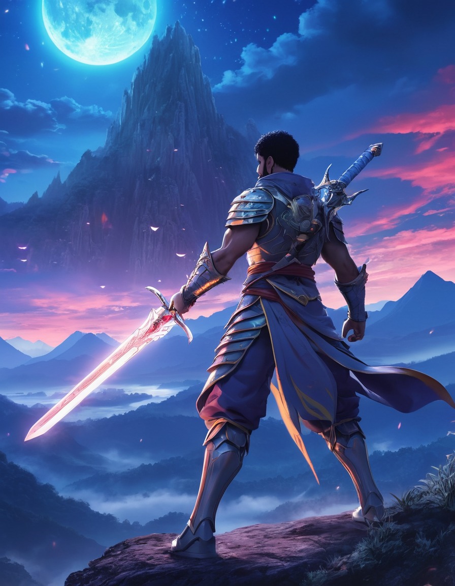 drake, anime, warrior, magical sword, mystical, otherworldly landscape