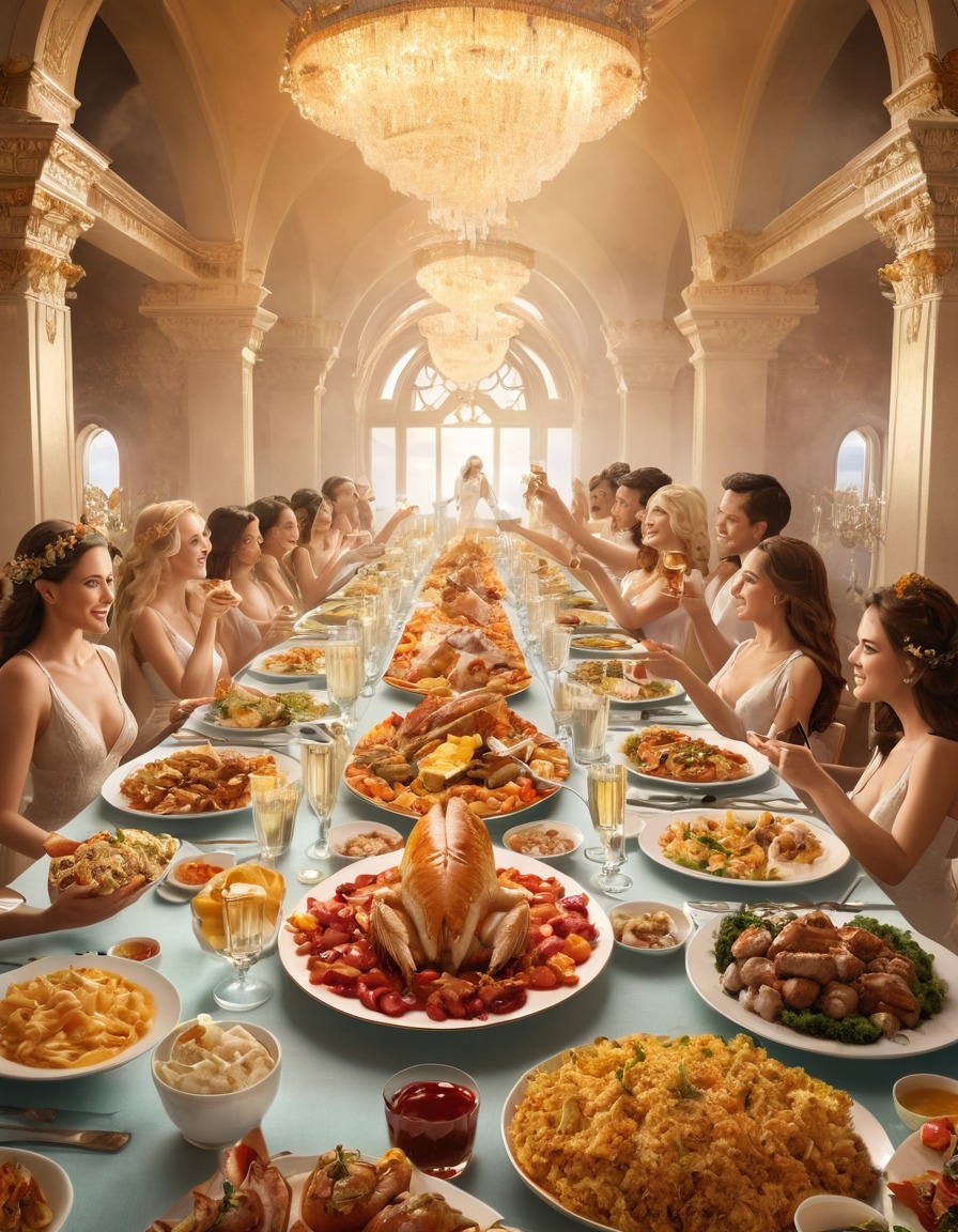 heaven, angels, banquet table, delicious food, grand, divine, celestial