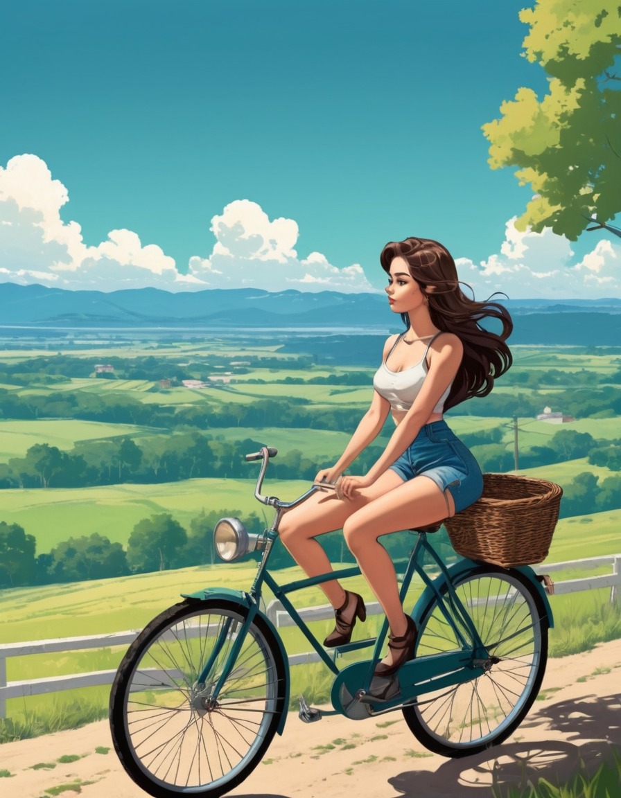 girl, bicycle, vintage, countryside, landscape