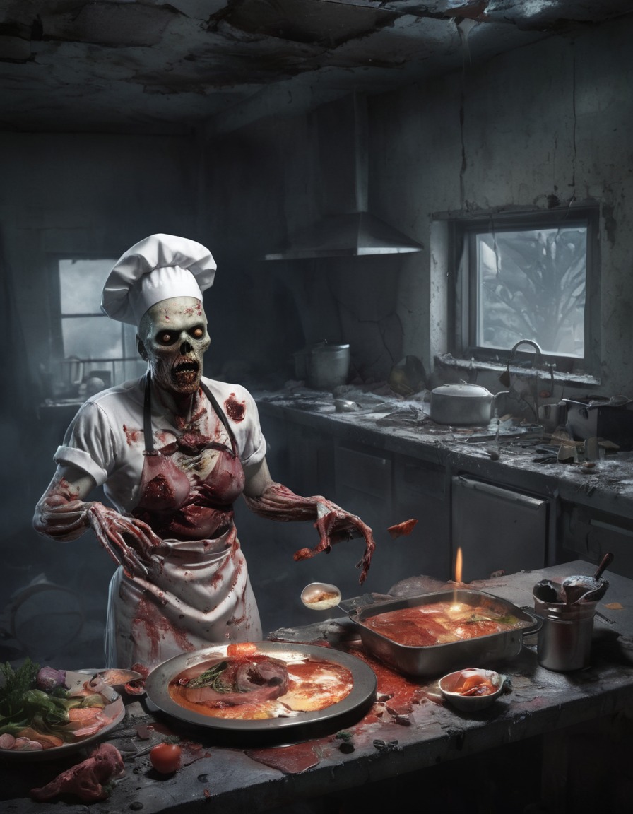 zombie, chef, cooking, gourmet meal, destroyed kitchen