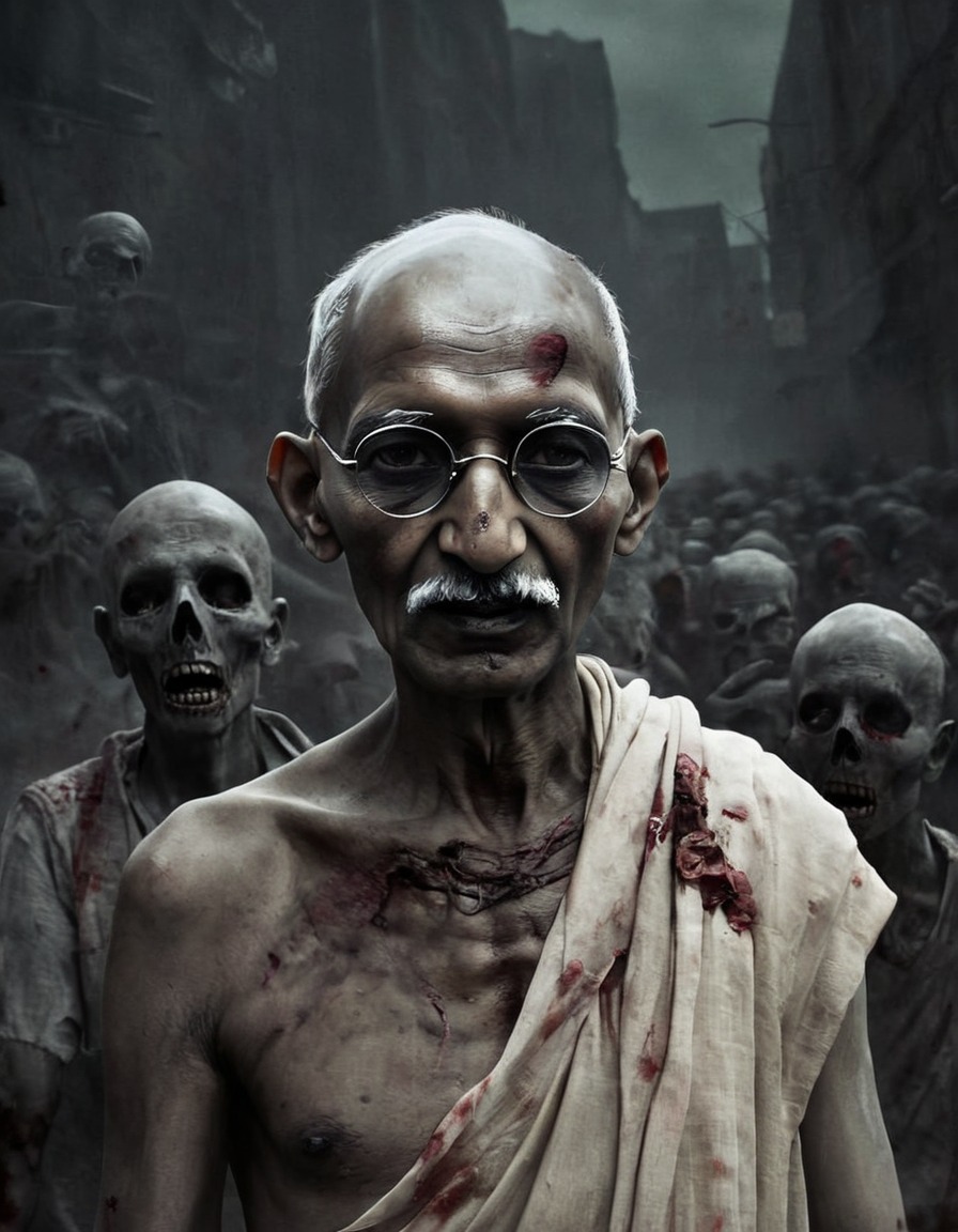 zombie, mahatma gandhi, undead, peaceful revolution, illustration