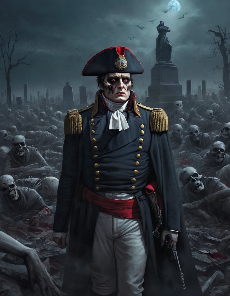 napoleon bonaparte, undead, graveyard, fallen soldiers, menacing, historical figure, zombie