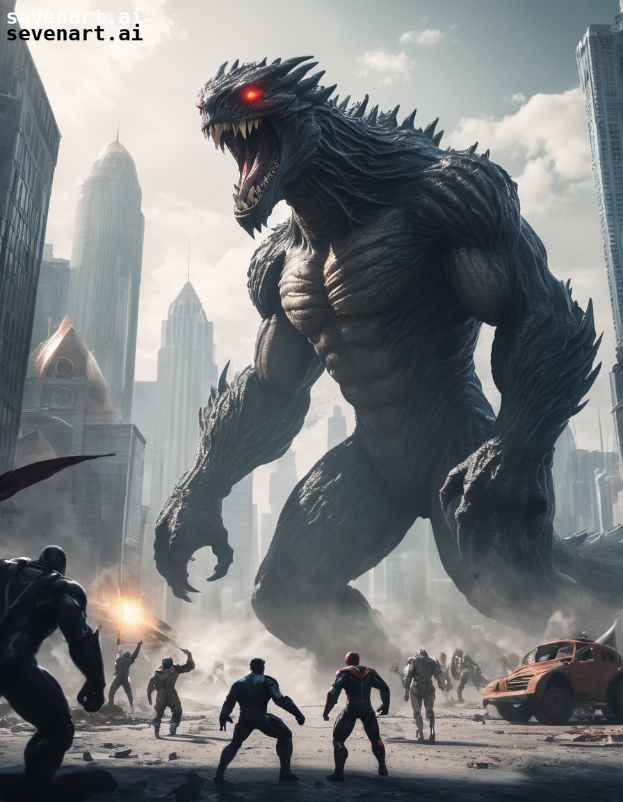 superhero, battle, giant monster, futuristic city, action, hero