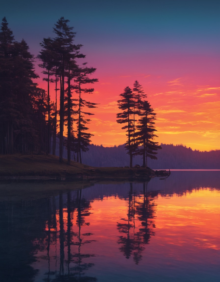 nature, sunset, lake, reflection, vibrant colors