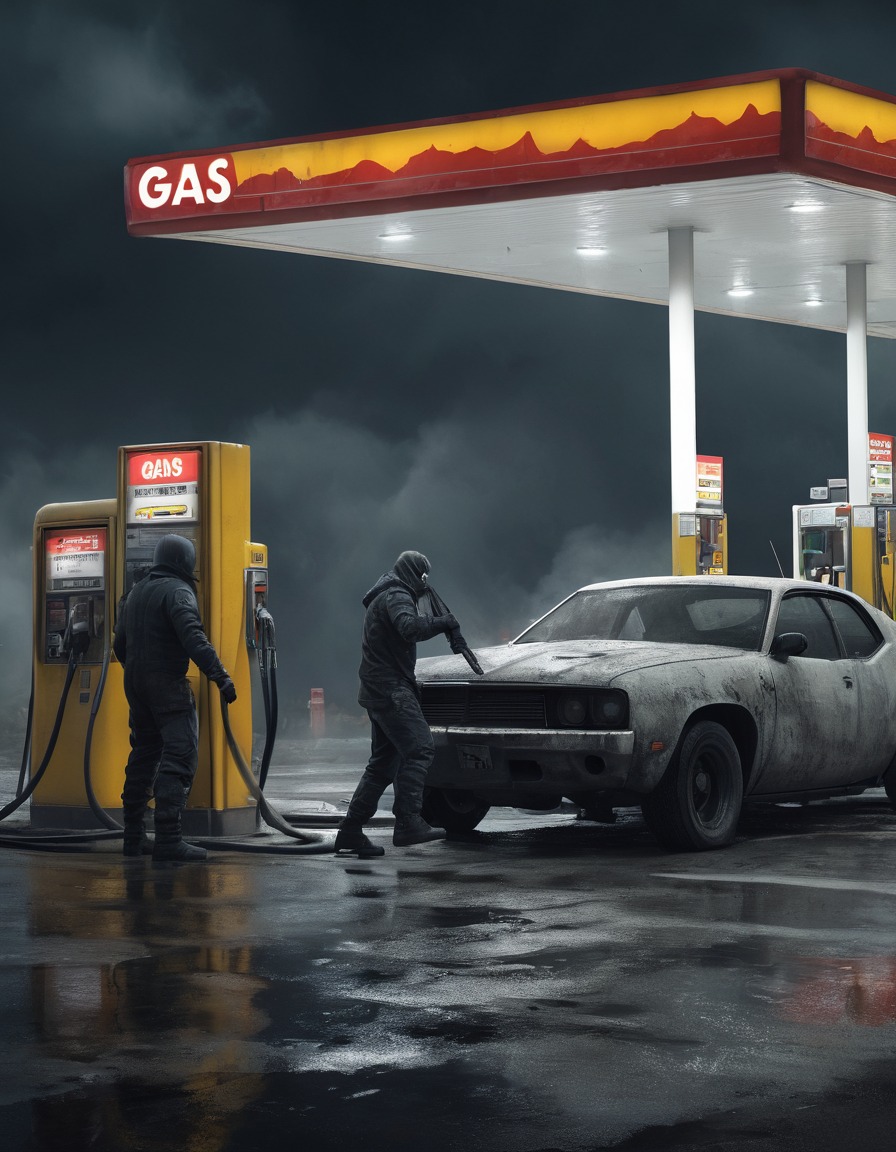 gas station, confrontation, dramatic, fight, resources, mad max