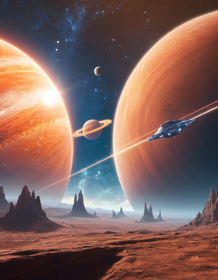 space, spaceship, giant planet, glowing rings, space scene