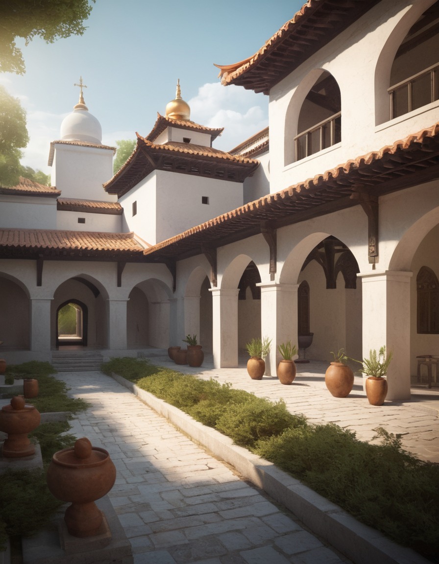 monastery, peaceful, courtyard, traditional architecture, tranquility