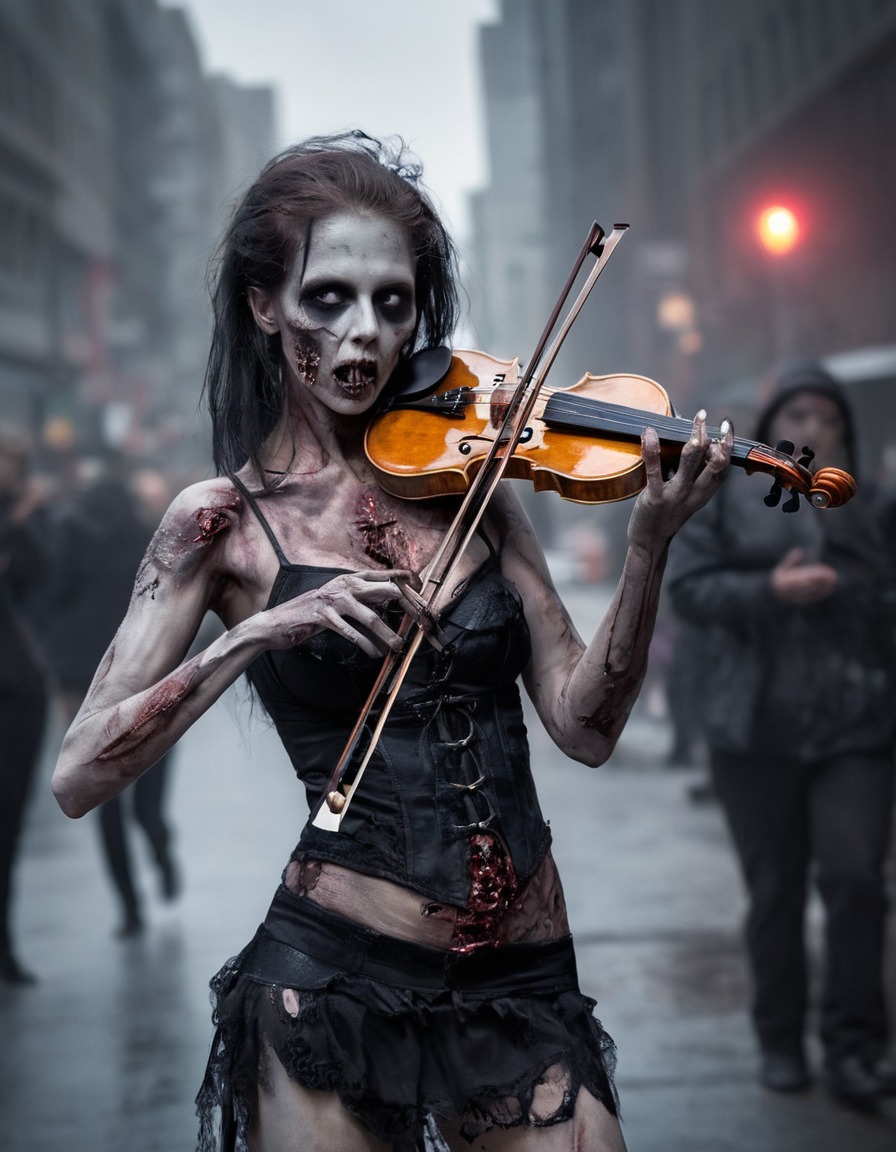 zombie, street performer, violin, entertainment