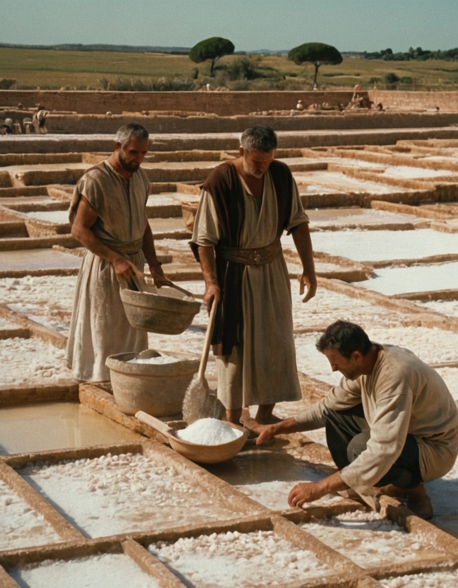 men, salt extraction, evaporated salt pans, ancient rome, ancient history, salt production, technology