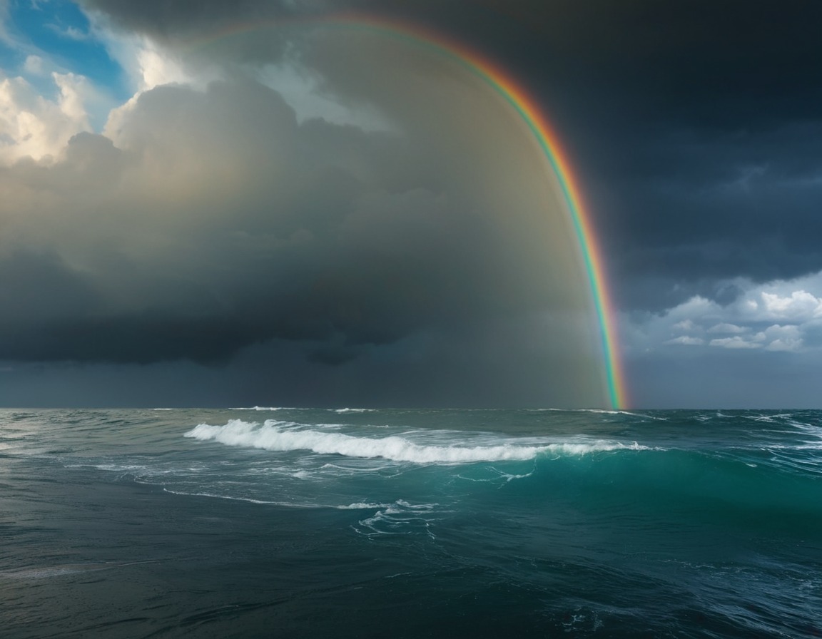 rainbow, stormy sky, ocean, nature, tranquility