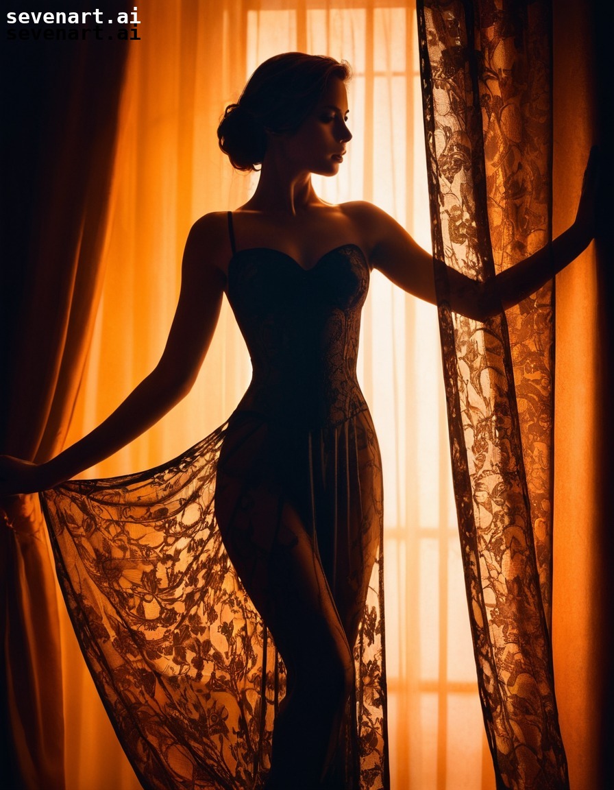 seductive, silhouette, woman, sheer curtain, backlighting