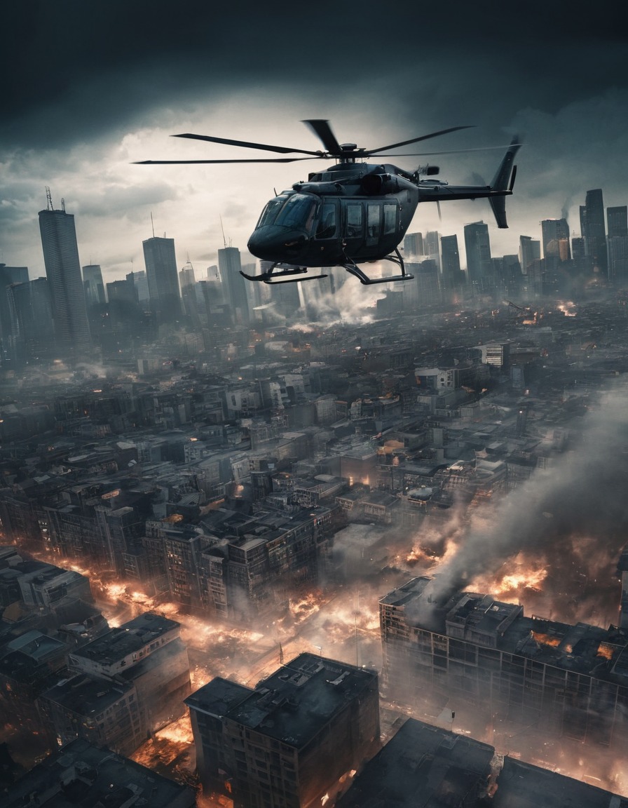 helicopter, city skyline, chaos, emergency situation, war, usa