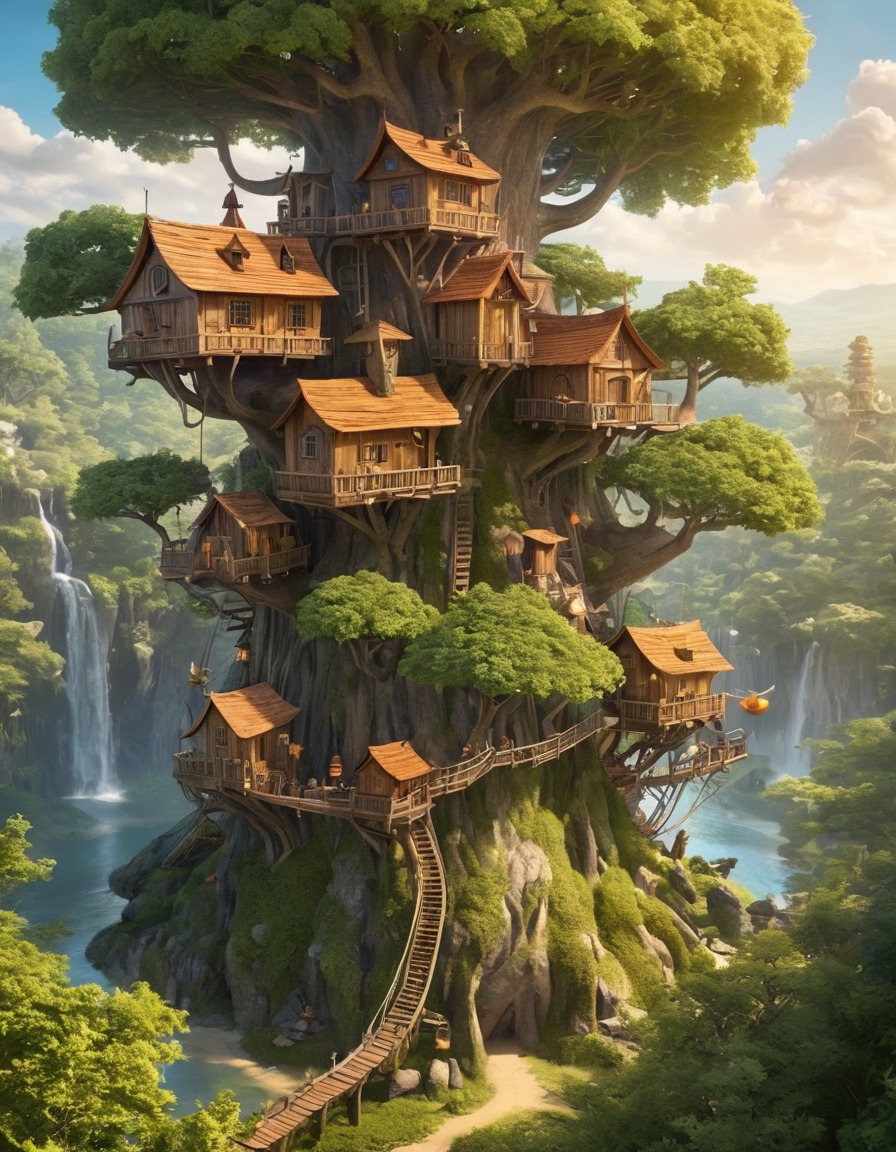 treehouse village, woodland creatures, fantasy, nature, friendly, enchanting, fantastic