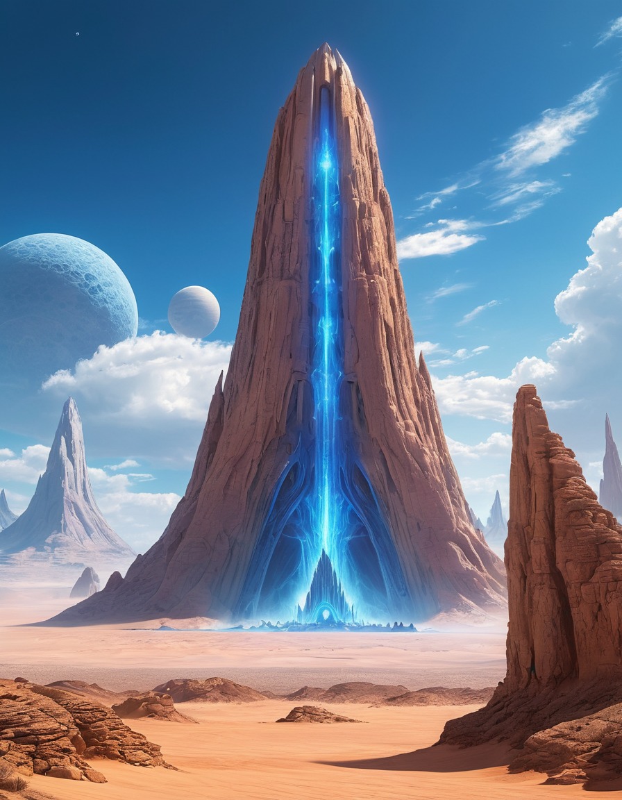 alien architecture, extraterrestrial, desert landscape, science fiction, futuristic, mysterious, otherworldly, aliens