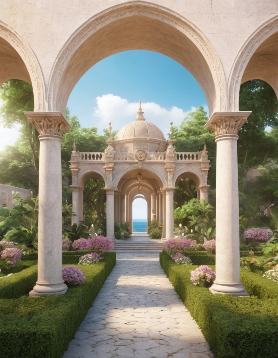 garden, archways, pillars, tranquility, peaceful