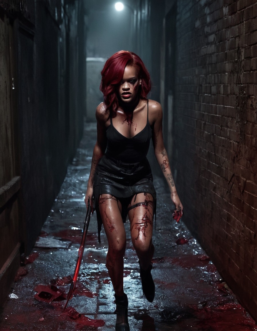 rihanna, zombie, red hair, makeup, dark alleyway, horror, music icon, celebrities