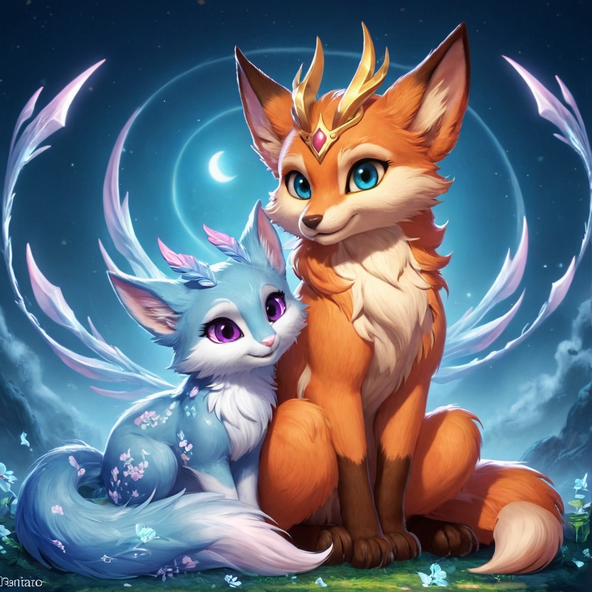 adoptable, fox, magic, bluefox, crescentmoon, fantasy, magical, magicalcreatures, nightsky, purpleeyes, sitting, stars, orangefox