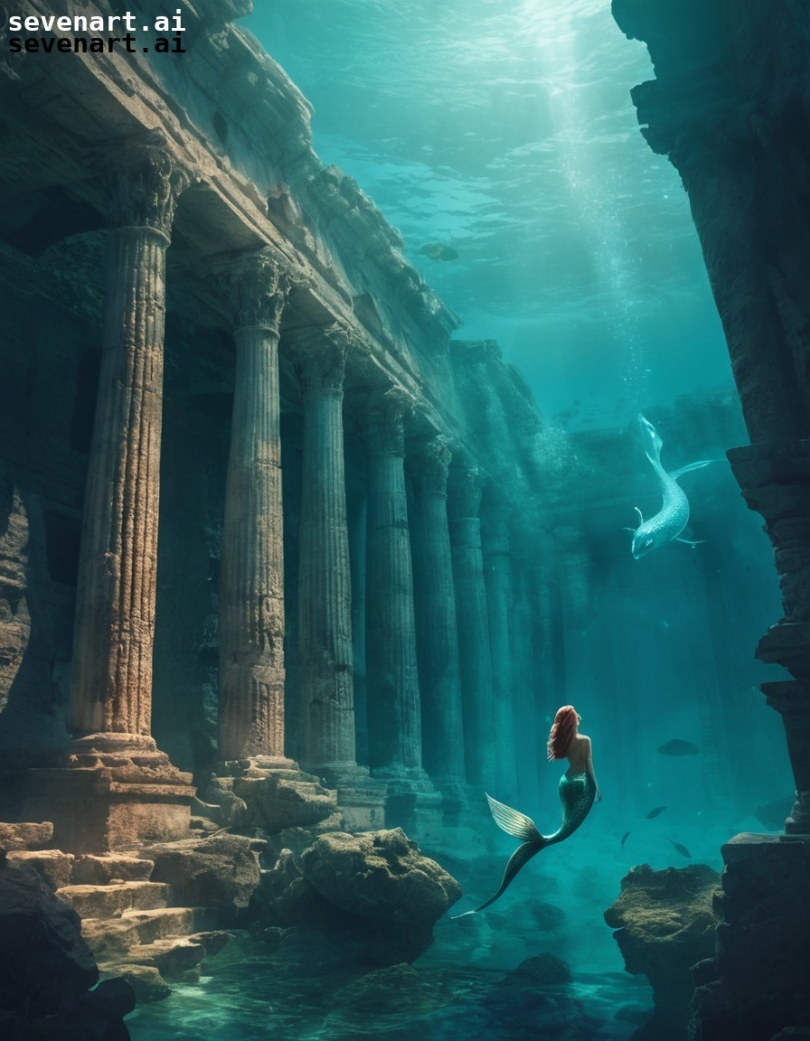 fantasy, mermaid, underwater, ruins, mystical