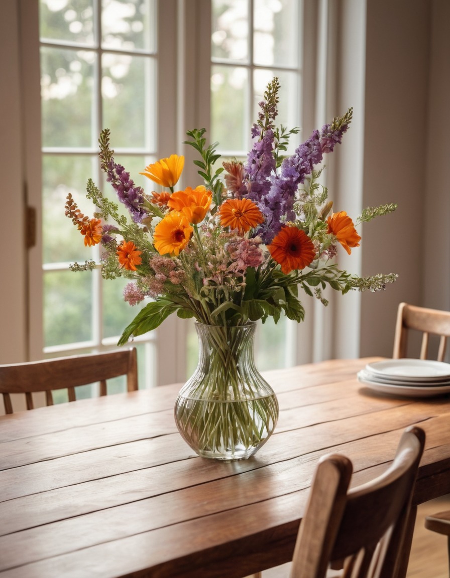 dining area, vase, fresh flowers, table, cozy, home, interior