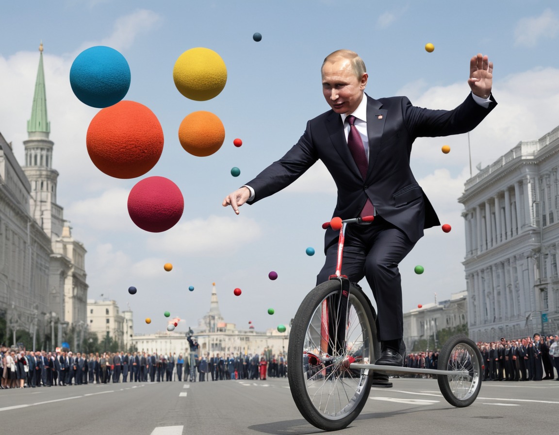 humorous, political satire, world leaders, juggling, unicycle, putin, russia, russian president